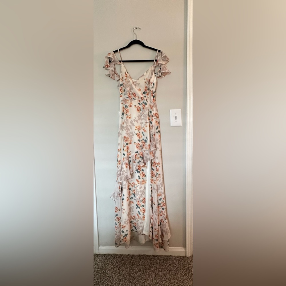 Shadow Blooms Cream Floral Print Ruffled
Maxi Dress
